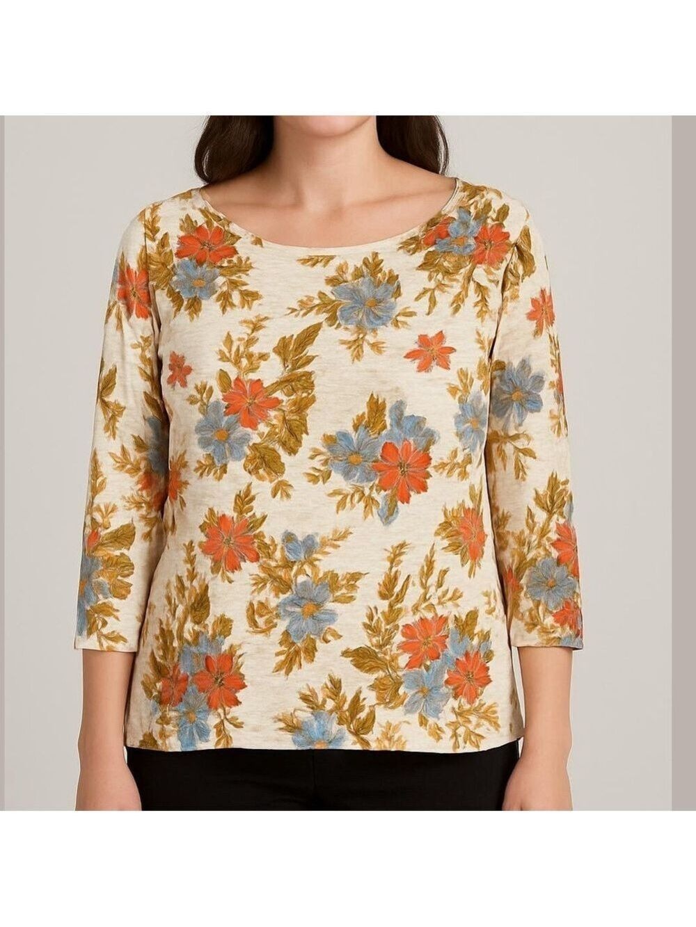CONTEMPORAINE for Simons 100% linen floral top 3/4 sleeves boatneck size large